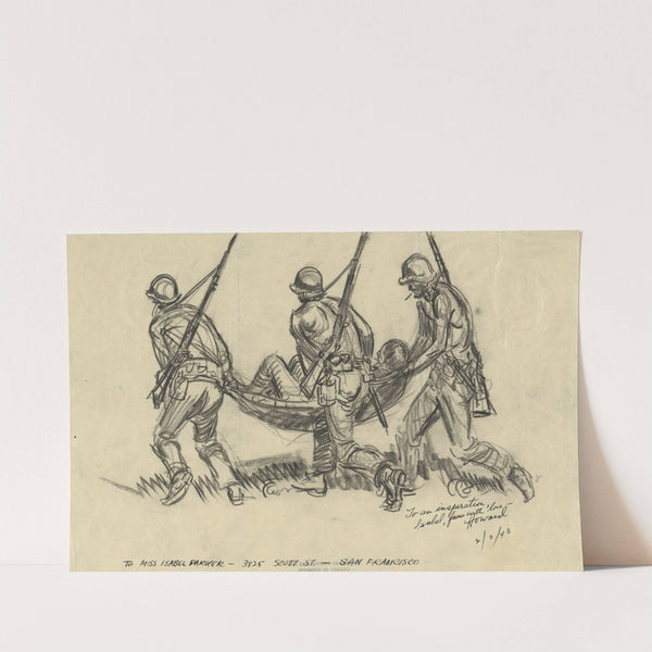 Infantrymen carrying back Japanese prisoner shelter-half by Howard Brodie