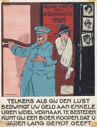 Ingang van een bioscoop met een vrouw en een portier