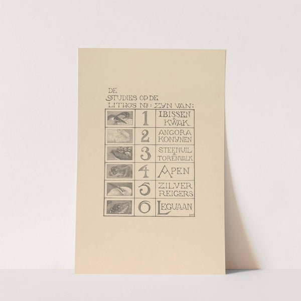 Inhoudsopgave van de portefeuille Dierstudies by Theo van Hoytema