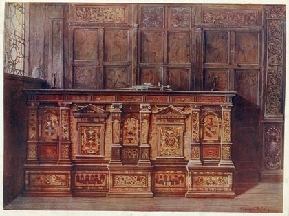 Inlaid muniment chest. Presented by Sir Hugh Offley, when Lord Mayor of London in 1556, to St. Mary Overie, now St. Saviour’s, Southwark Cathedral. — size preview