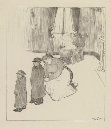Intérieur avec homme lisant son journal, femme agenouillée auprès de deux garçonnets (1895)