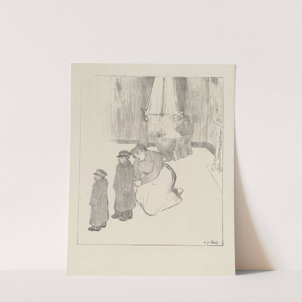 Intérieur avec homme lisant son journal, femme agenouillée auprès de deux garçonnets (1895-1900) by Henri-Gabriel Ibels