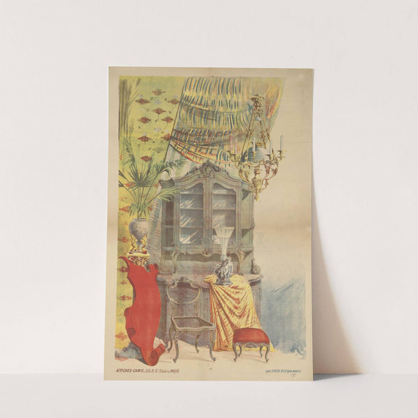 Intérieur d’un salon avec un buffet, un lustre, des rideaux, une plante, une chaise (1892) by Imp. Camis