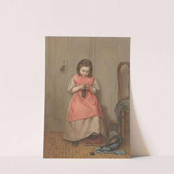 Interieur met breiend meisje by Jacob Taanman