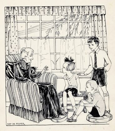 Interieur met een oude vrouw en drie kinderen