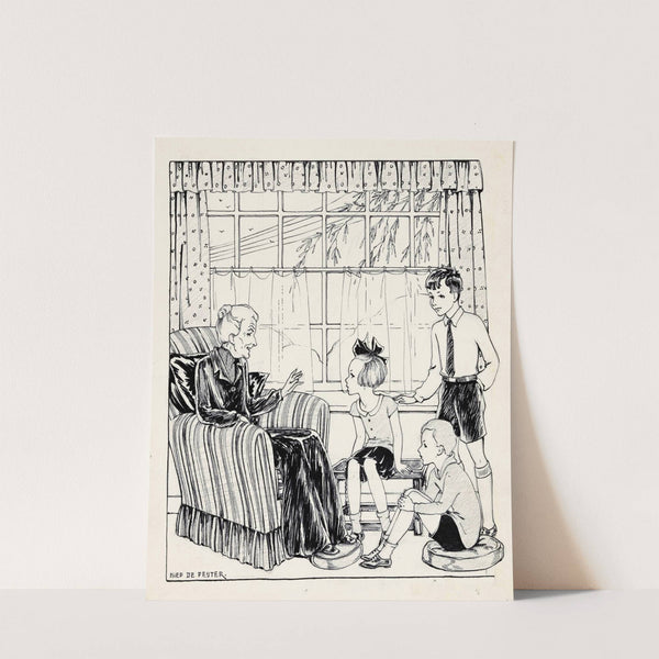 Interieur met een oude vrouw en drie kinderen by Miep de Feijter