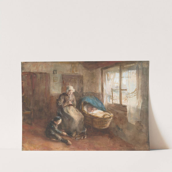Interieur met een vrouw bij een wieg en een jongetje op de grond (c. 1854 - c. 1914) by Albert Neuhuys