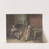 Interieur met meisje dat harp speelt en een heer in een stoel die toekijkt (1831 - 1899) by David Bles