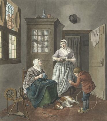 Interieur met naaiende vrouw, dienstmeid en spelende jongen