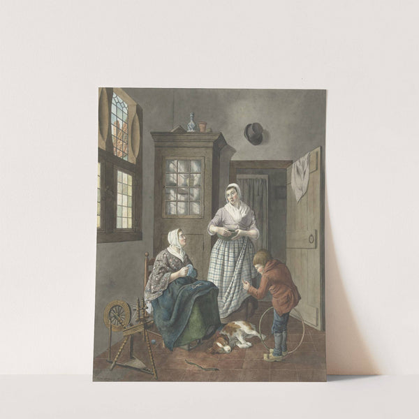 Interieur met naaiende vrouw, dienstmeid en spelende jongen by Hendrik Jan van Amerom