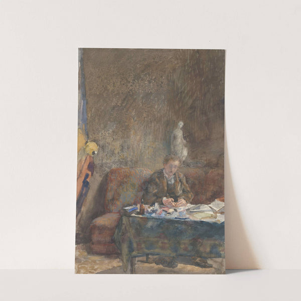 Interieur met schrijvende man op sofa achter tafel by Martinus van Andringa