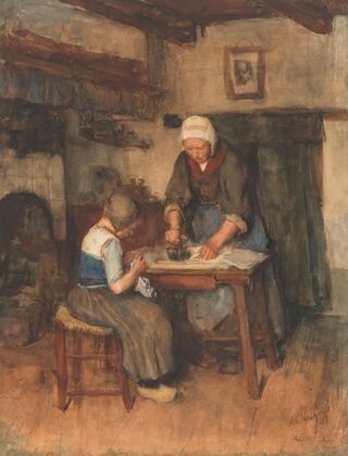 Interieur met strijkende vrouw en naaiend kind