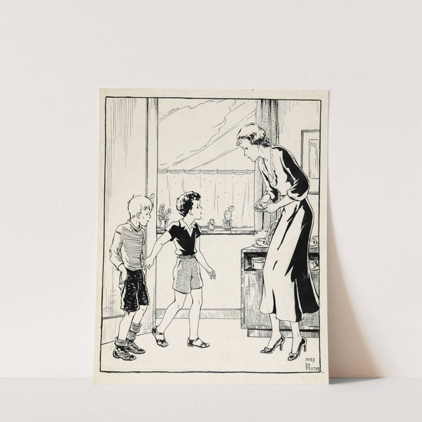 Interieur met twee jongens en een vrouw by Miep de Feijter