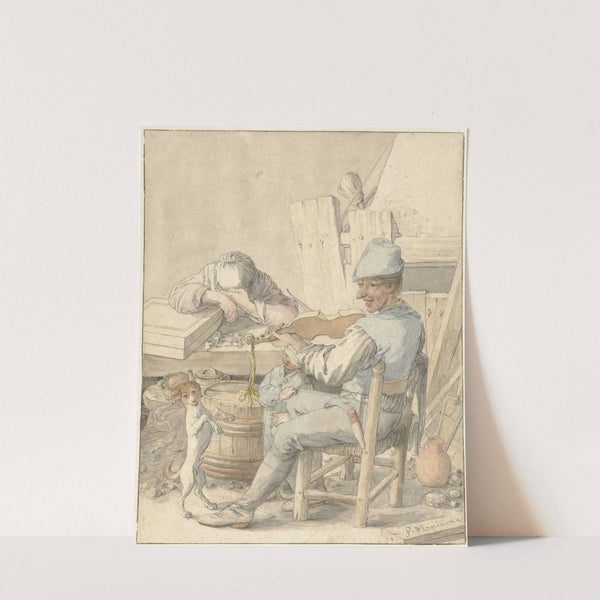 Interieur met vioolspelende man, slapende vrouw en dansende hond by Pieter Moninckx