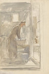 Interieur met vrouw aan de wastobbe