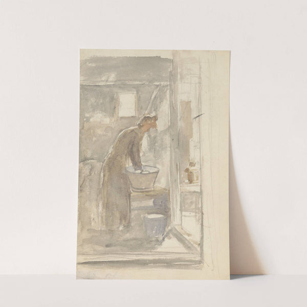 Interieur met vrouw aan de wastobbe by Jozef Israëls