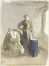 Interieur met vrouw en kinderen bij een karnton