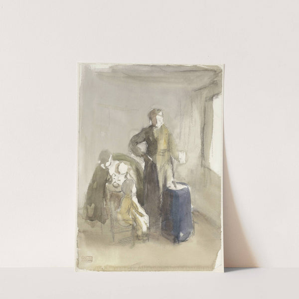 Interieur met vrouw en kinderen bij een karnton (1854 - 1914) by Albert Neuhuys