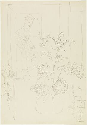 Interieur mit Blumenvase, Frau und Katze (ca 1934)