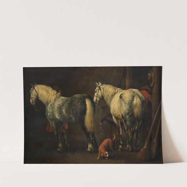 Interieur van een stal met twee appelschimmels by Abraham Van Calraet