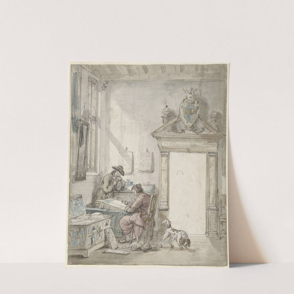 Interieurscène met schrijvende man aan een lessenaar by Abraham Van Strij