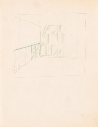 Interior design drawings for unidentified rooms. Sketch with green panels