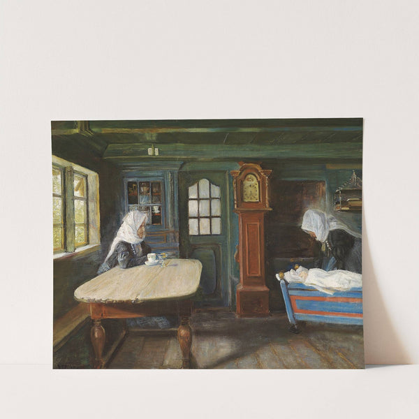 Interiør fra en bondestue med den lille i vuggen by Viggo Johansen