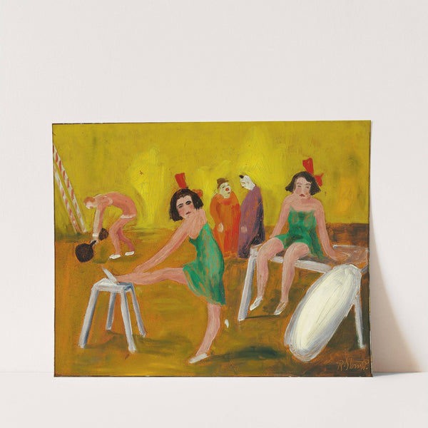 Interiør fra et cirkus med klovne, trapezkunstnere og en stærk mand by Robert Storm Petersen