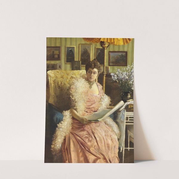 Interiør med elegant dame i lyserød kjole by Frants Henningsen