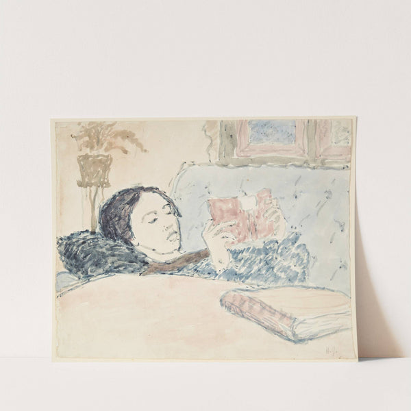 Interiør med en af kunstnerens søstre, der ligger og læser by Harald Giersing