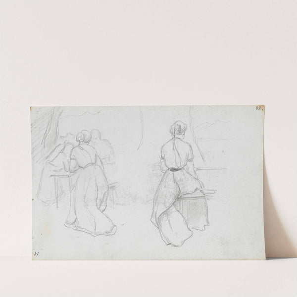 Interiør med figurer; sittende ryggvendt kvinne by Hans Gude
