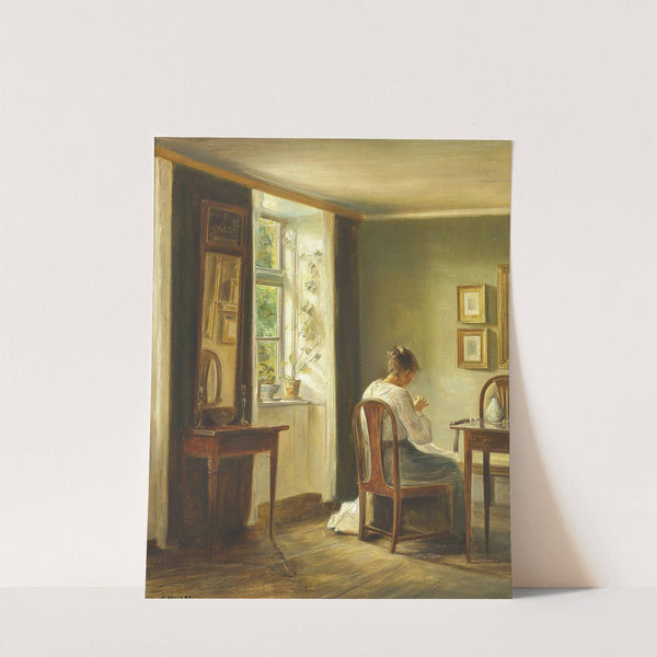 Interiør med kvinde der syr ved vinduet by Carl Holsøe