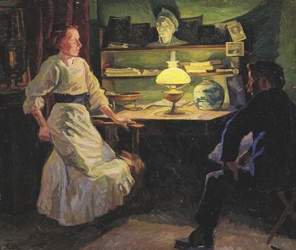 Interiør med lampelys og to figurer
