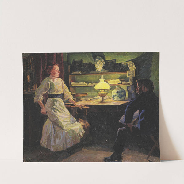 Interiør med lampelys og to figurer (1912) by Edvard Weie