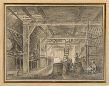 Interior of a Barn with a Family of Coopers