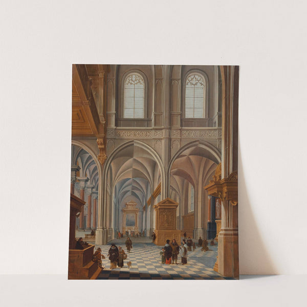 Interior of a church with elegantly dressed figures, friars and a clergyman by Bartholomeus van Bassen