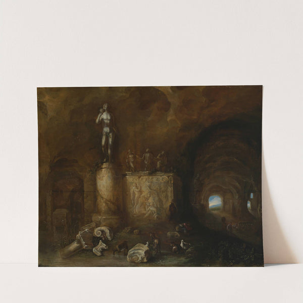 Interior of a grotto with sculptures and a sleeping shepherd (1643) by Abraham van Cuylenborch