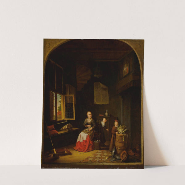 Interior of a kitchen with a seated woman peeling onions, a child hiding behind her, and a child holding a cabbage on a barrel by Jacob van Spreeuwen