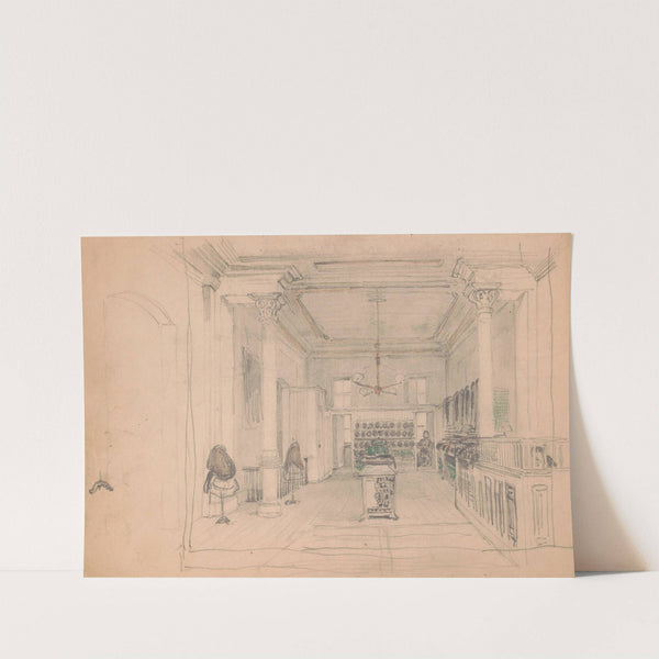 Interior of clothier, with rolls of fabric, dummies, and two men (1840-1860) by James Fuller Queen