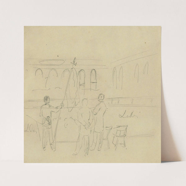 Interior of hall with three figures on a stage (1860-1865) by Alfred Rudolph Waud