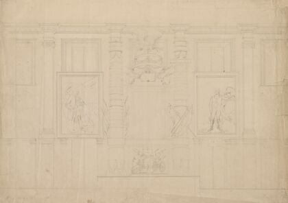Interior wall with architectural ornaments of the U.S. Capitol building with portrait of George Washington at Dorchester Heights