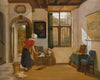 Interior with a maid, a girl with a dog, and a map of dordrecht