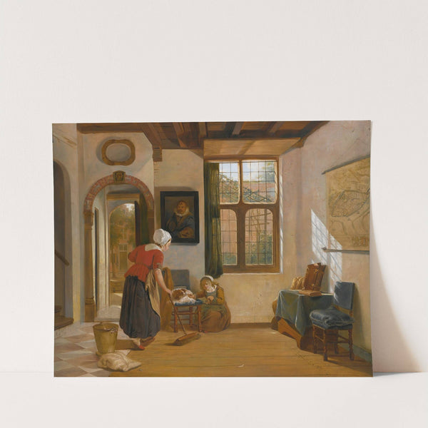 Interior with a maid, a girl with a dog, and a map of dordrecht by Abraham Van Strij