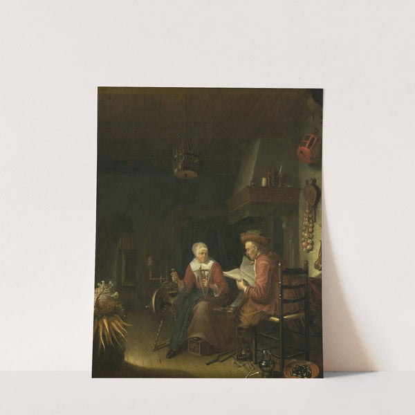 Interior with a man reading and a woman spinning yarn by Domenicus van Tol