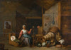 Interior with a mother spinning yarn by a cradle