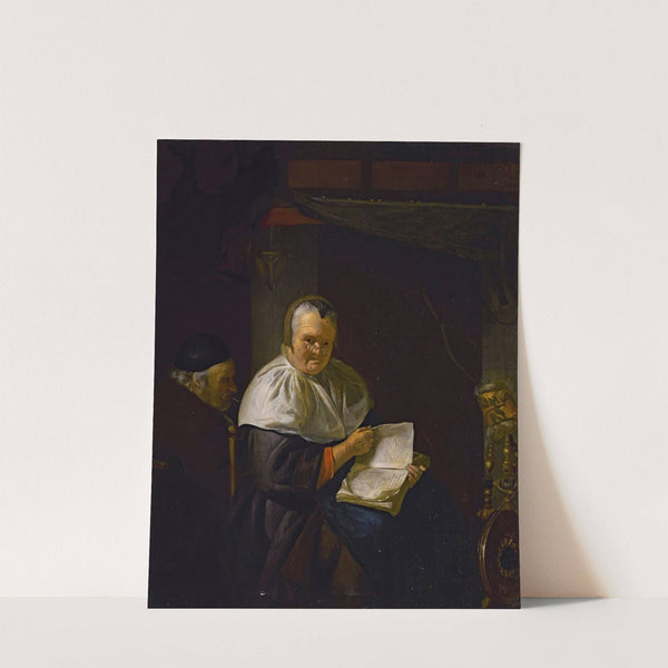 Interior with a woman reading by a spinning wheel, and a man smoking (1657) by Anthony van Deyl