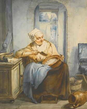 Interior With An Old Lady Preparing Food
