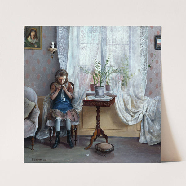 Interior With Girl Crocheting by Theodor Kittelsen