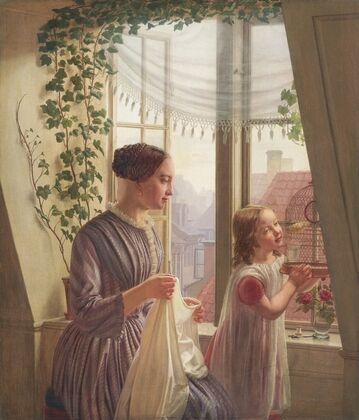 Interior with mother and daughter at the window