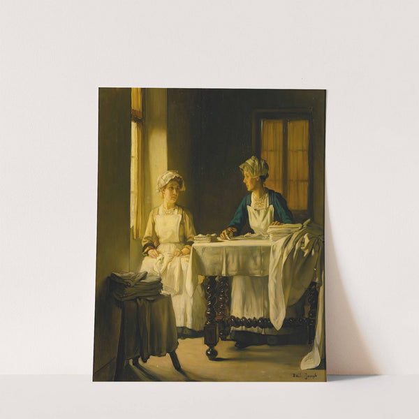 Interior With Two Women Folding Sheets by Joseph Bail